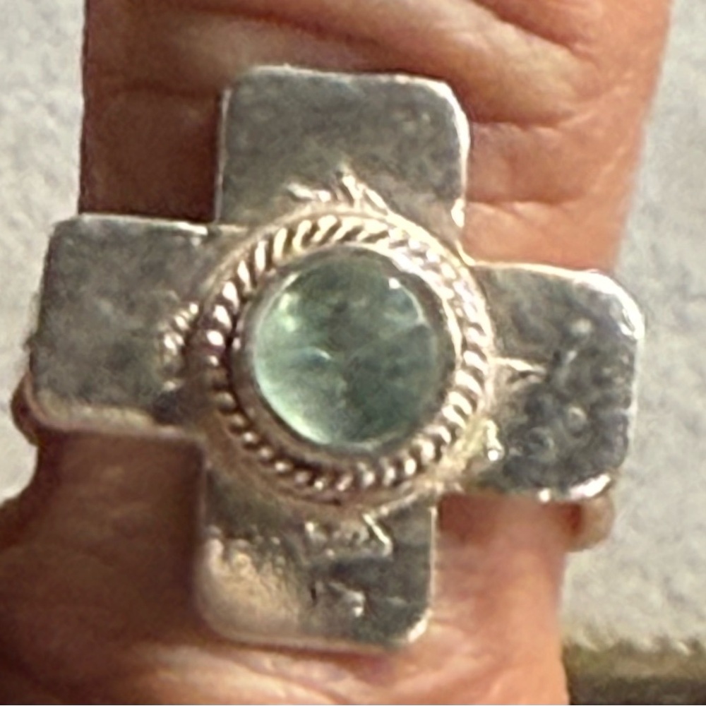 Silver Cross Ring with Green Gemstone